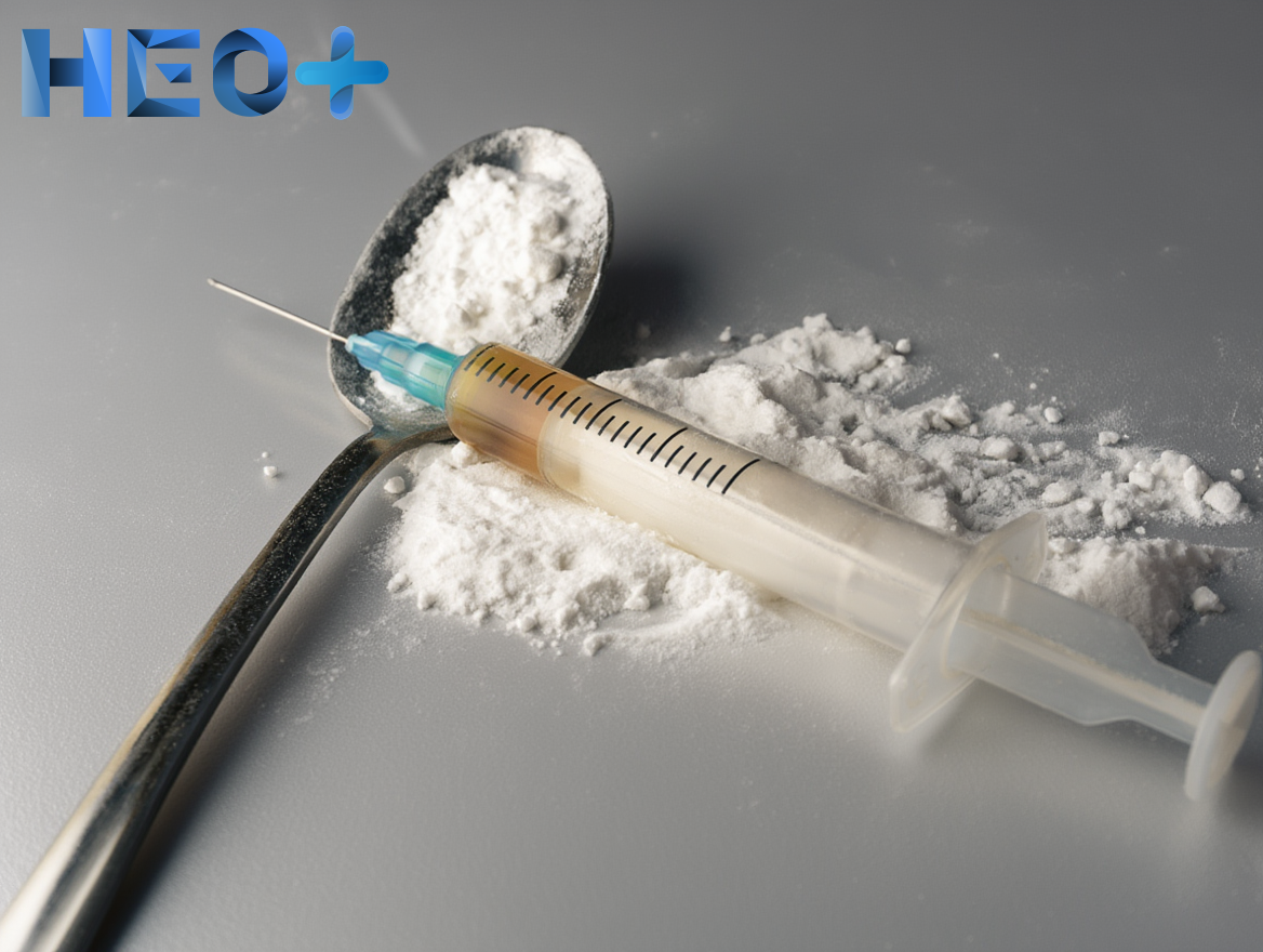 Шприц, ложка и белый порошок лежат на столе